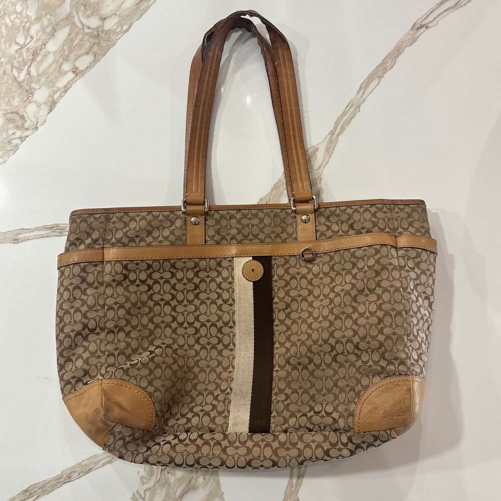 Coach Voyager Brown and Tan Signature Canvas Leather Trim Zipper Closure